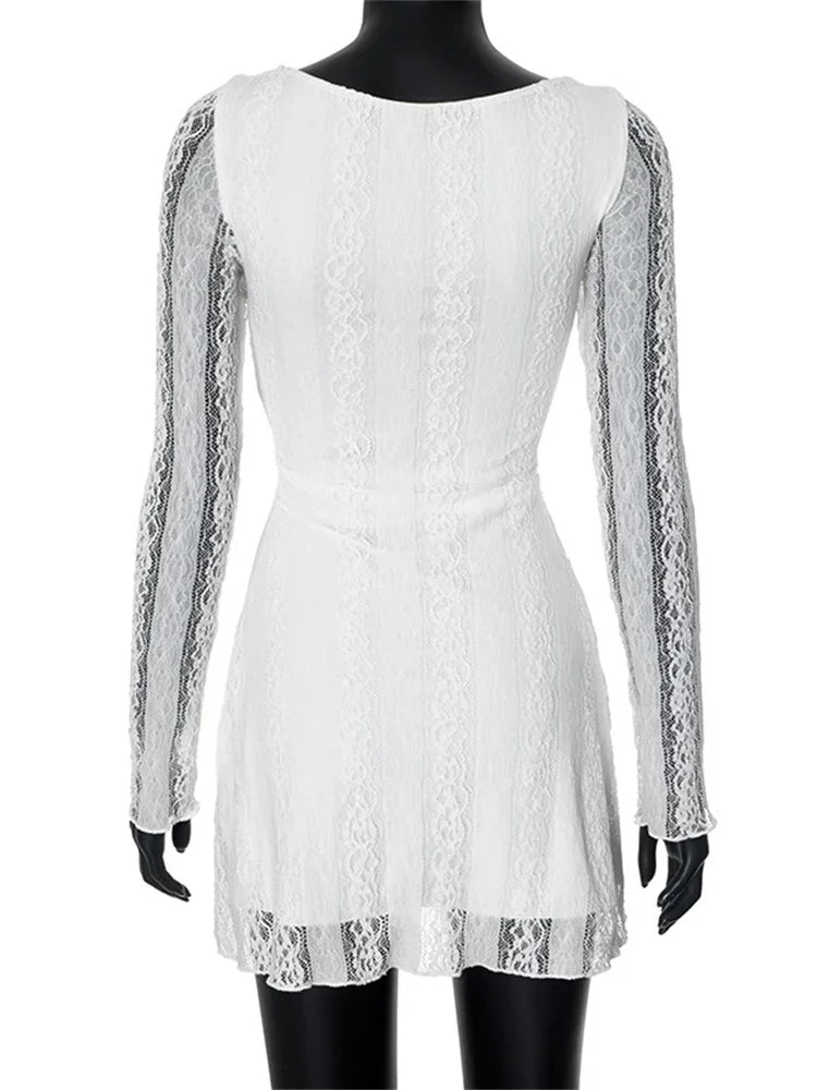 Floral Lace Boat Neck Ruched Waist Long Sleeve Mini Dress