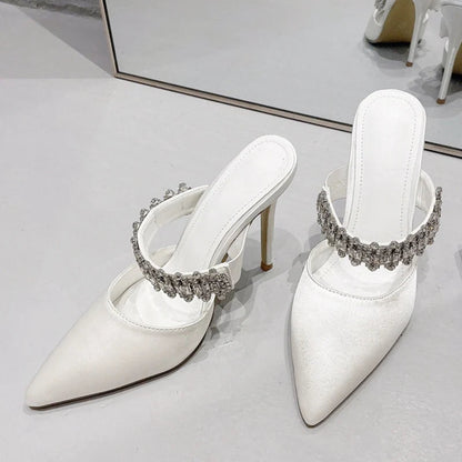 Rhinestone High Heels Women Slippers Pointed Toe Mules Shoes