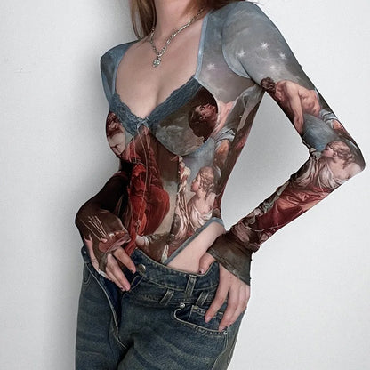 Colorblock Mesh Stitching Sheer Top