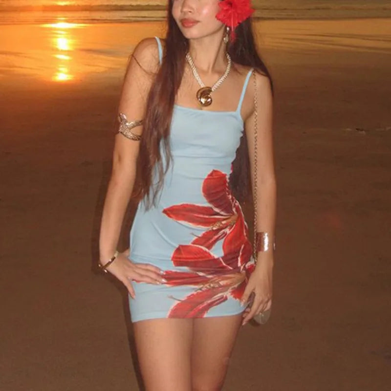 Printed Spaghetti Strap Backless Mini Dress