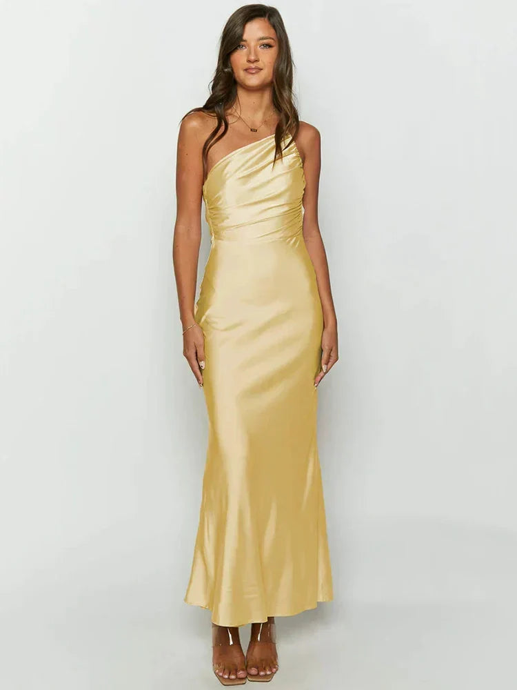 One Shoulder Cowl Neck Satin Column Maxi Gown