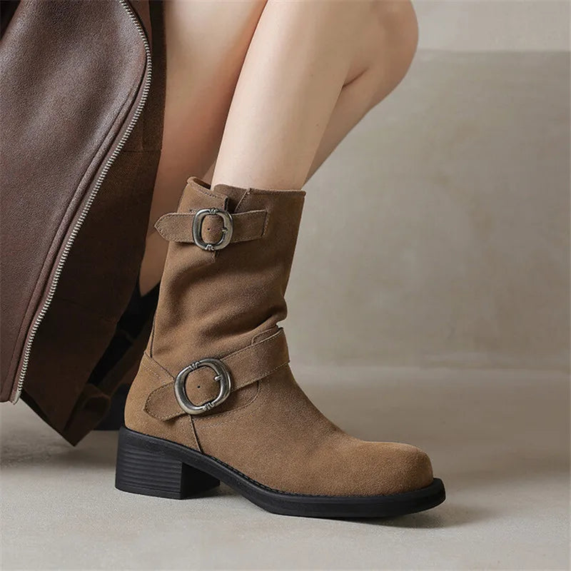 | Suede Buckle Boots in Black