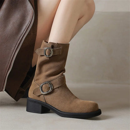 | Suede Buckle Boots in Black