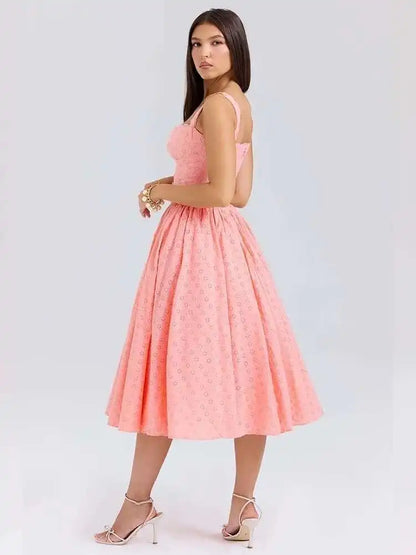 Embroidery Strap A-Line Midi Dress