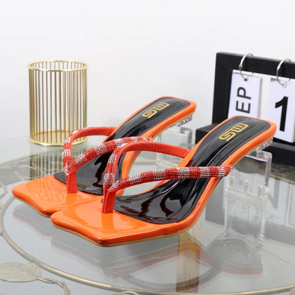 Rhinestone clip toe flip-flops with square heel, designer luxury sandals