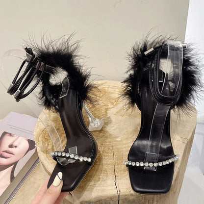 Crystal Womens Sandals with Fuzzy Feather Detail and Transparent High Heels