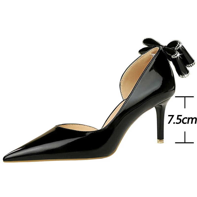 Patent Leather Women Pumps with Kitten Heels and Back Bowknot Design