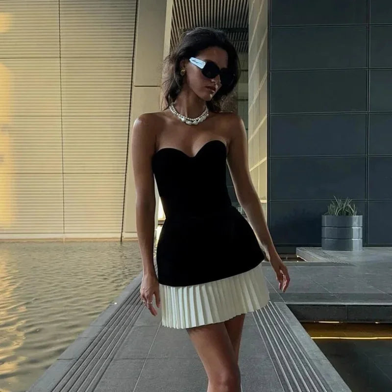 Strapless Sweetheart Neck Velvet Peplum Accordion Pleated Skirt Mini Dress