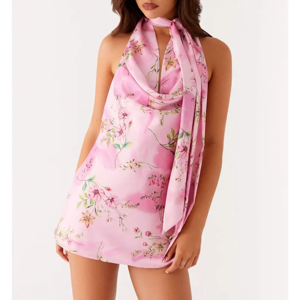 Cowl V-neck Floral A-Line Vacation Dress