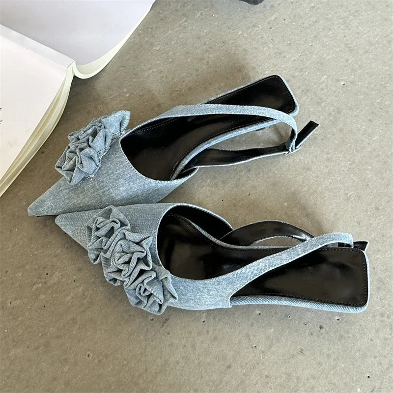 Flower Pointed Toe Women Pumps with Buckle Strap Slingback Sandals