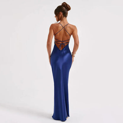 Satin Mermaid Lace-Up Maxi Dress