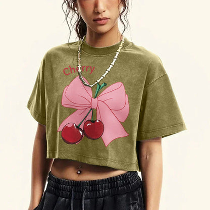 Bow Cherry Cartoon Cotton Slim T-shirt
