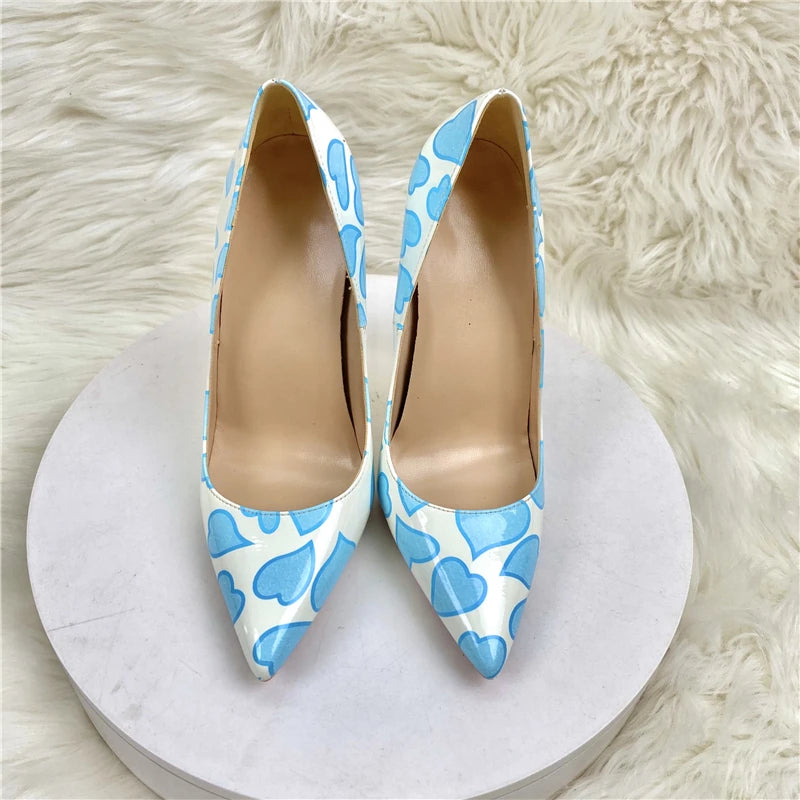 Blue Sweetheart Printed White Pointy Toe High Heel Shoes for Women