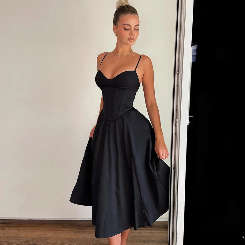 Solid Corset Long Suspender Black Prom Dress