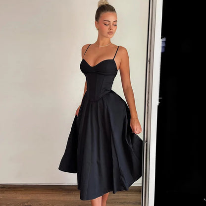 Solid Corset Long Suspender Black Prom Dress