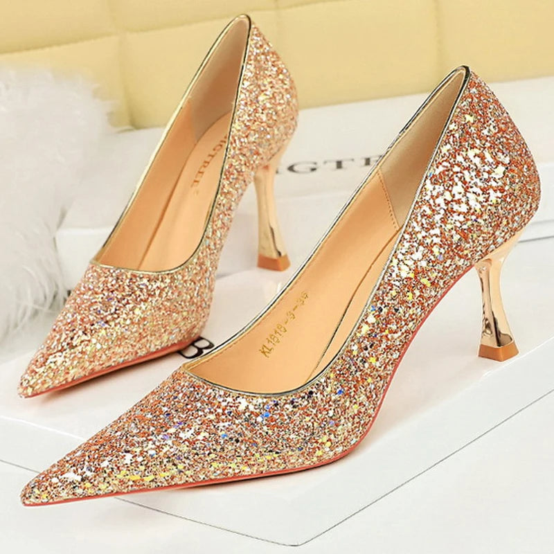 Shiny Sequin Cloth Women Pumps with 7 cm Metal Heel