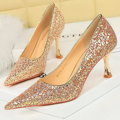 Shiny Sequin Cloth Women Pumps with 7 cm Metal Heel