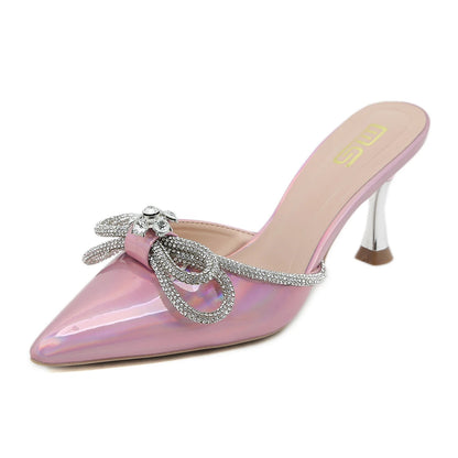 Summer rhinestone bow sandals with pointed semi-slippers and thin heels