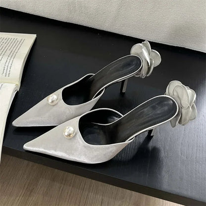 Silk Flower Woman Pumps Shallow Pointed Toe Low Thin Heels Shoes