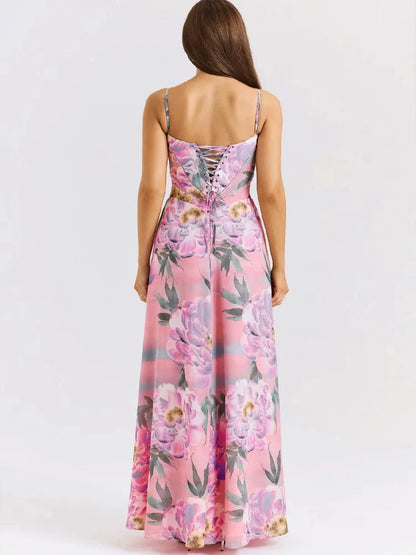 V-neck Back Strap A-line Floral Dress