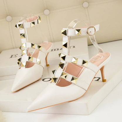 Thin High-heeled Shallow Mouth Pointed Roman Style Metal Rivets Shoes