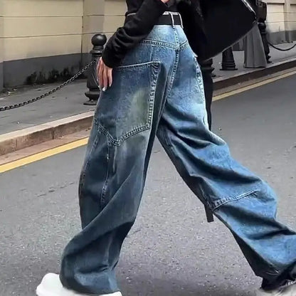 Fashionable High Street Straight Loose Jeans Simple Pocket Loose Wide-leg Jeans Harajuku Style Hip Hop Y2k Pants Baggy Pants