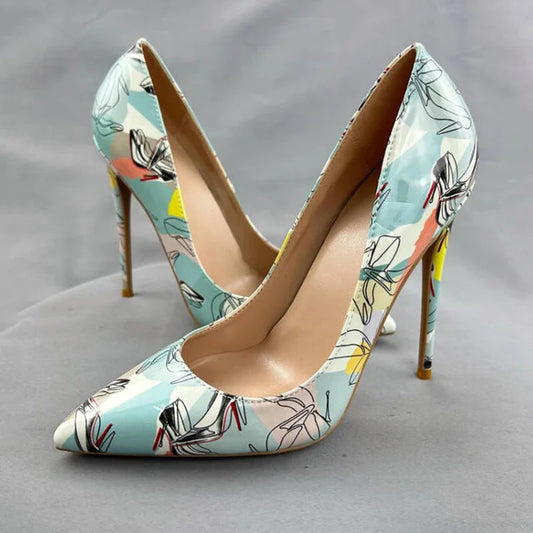 Light Green Print Women Pointy Toe High Heel Shoes