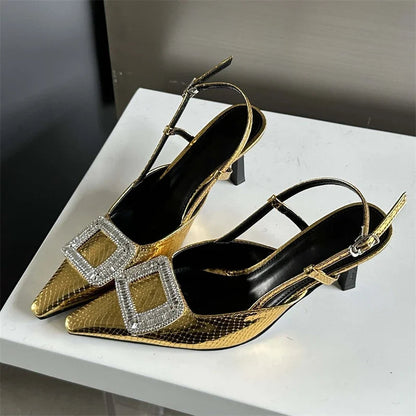 Spring Autumn Women Pumps Designer Pointed Toe Buckle Strap Thin Heels Gold Silver
