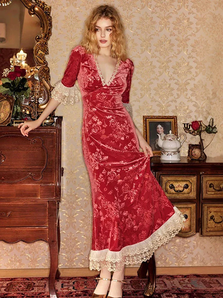 Patchwork Lace Short Sleeve Printed Floral Dress