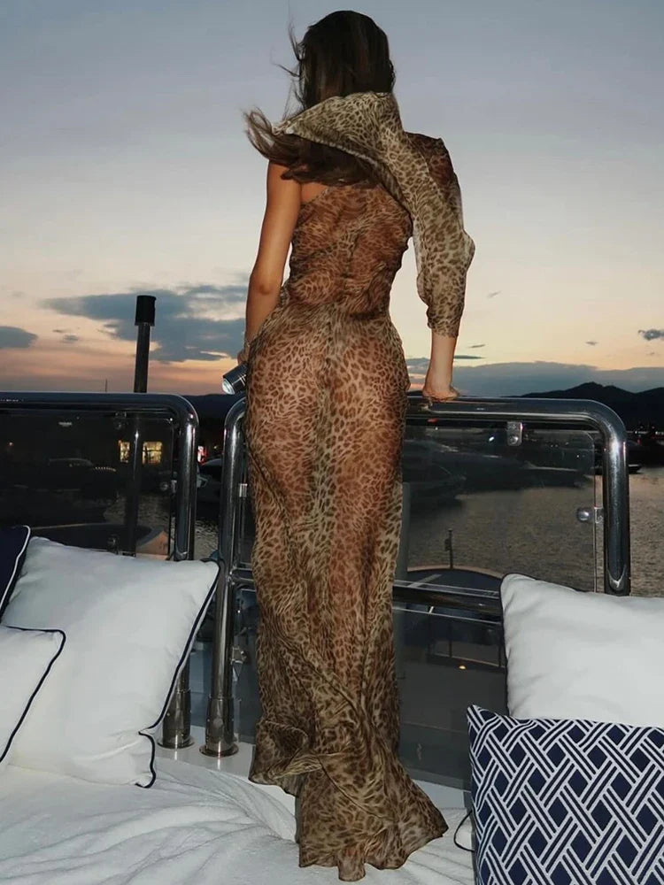 One Shoulder Leopard Print Vacation Dress