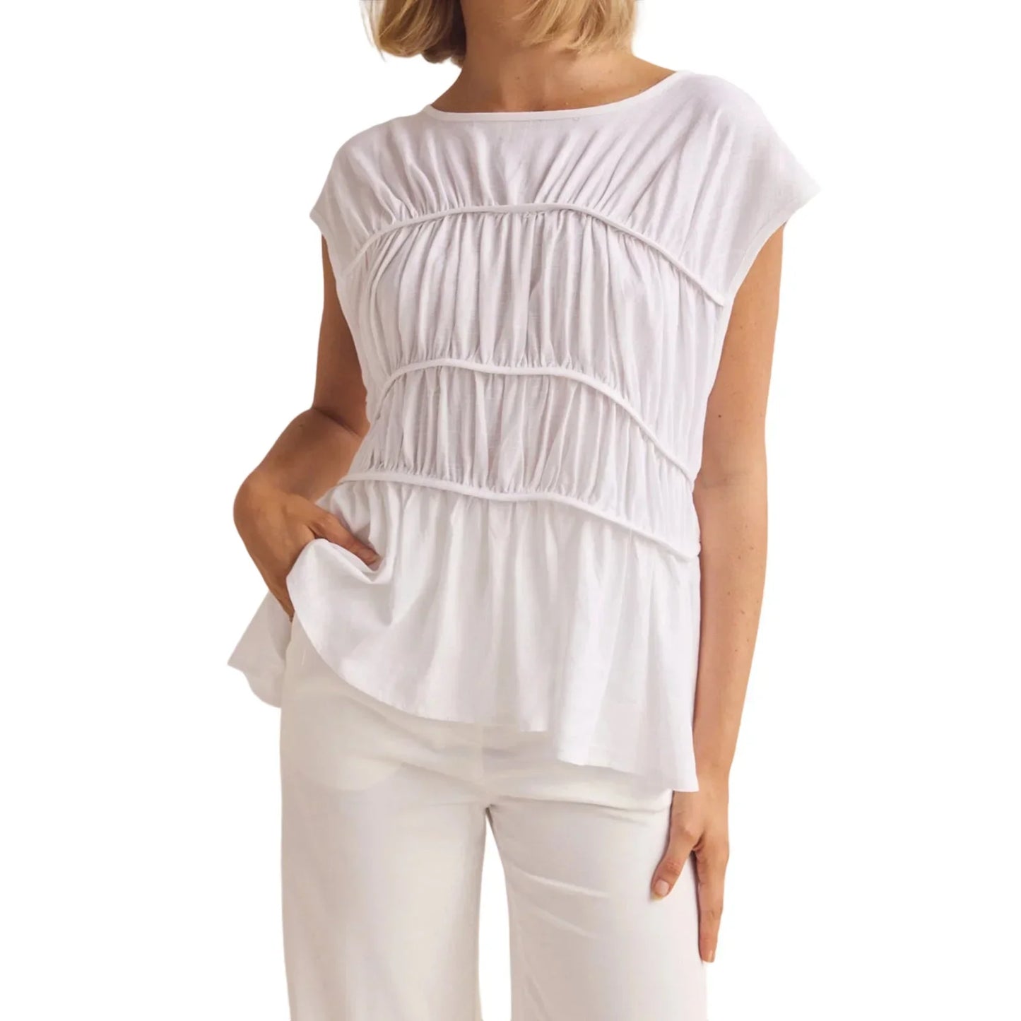 | Ruched Cap Sleeve Peplum Top