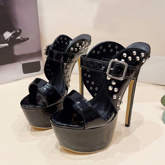 Metal Rivet Super High Heel Platform Slippers for Women Fashion