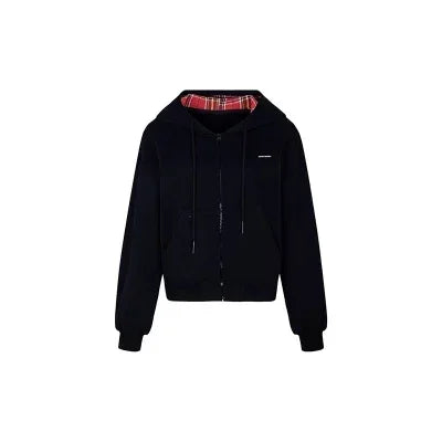 TAVIMART  -  Vintage Plaid Patchwork Hoodies Women Gray 90s Retro Sweatshirt with Zipper Oversized Streetwear Autumn Winter Clothes