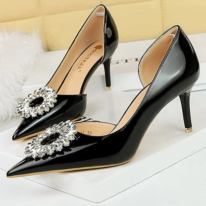 Patent Leather High Heel Pumps with Rhinestone Buckle