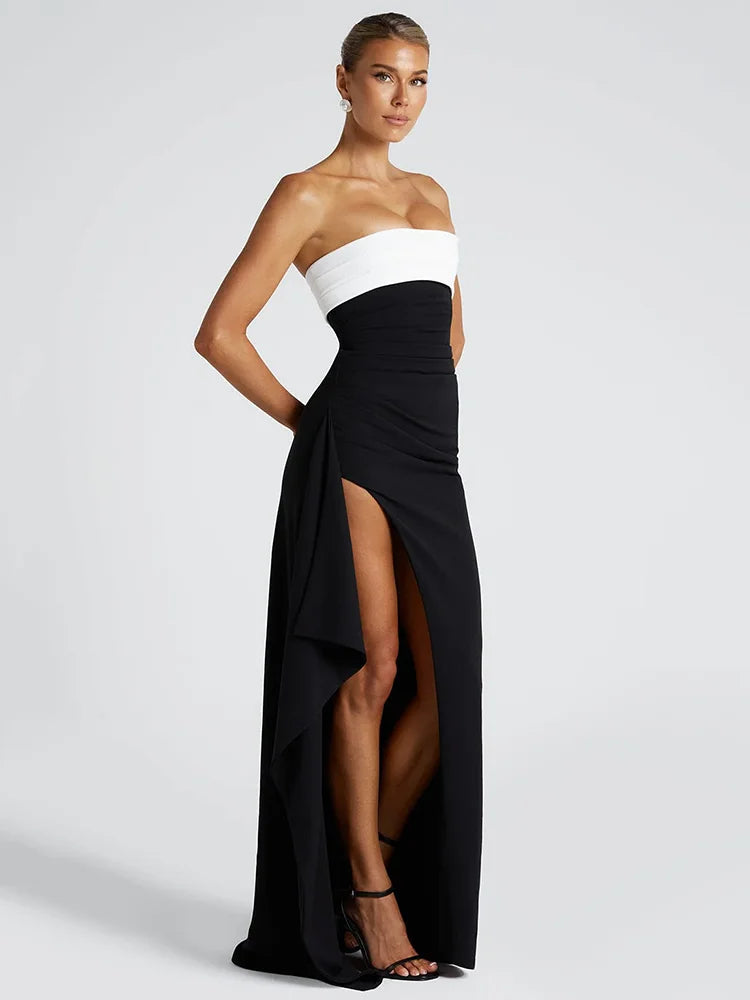 Patchwork Strapless Split Maxi Bodycon Dress