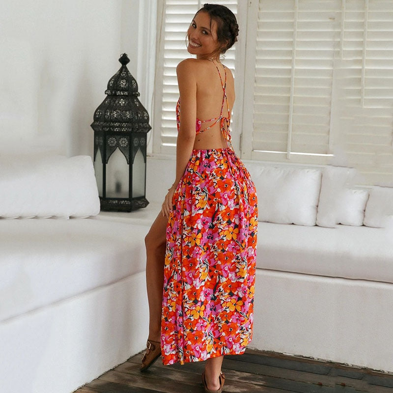 Halter Neck Keyhole Chest Waist Cutout Floral Print Side Slit Maxi Dress