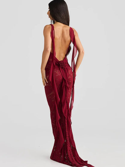 | Backless Lace Mermaid Gown with Chiffon Streamers