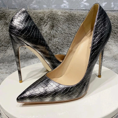 Grey Crocodile Effect Pointy Toe High Heel Party Dress Wedding Shoes for Women