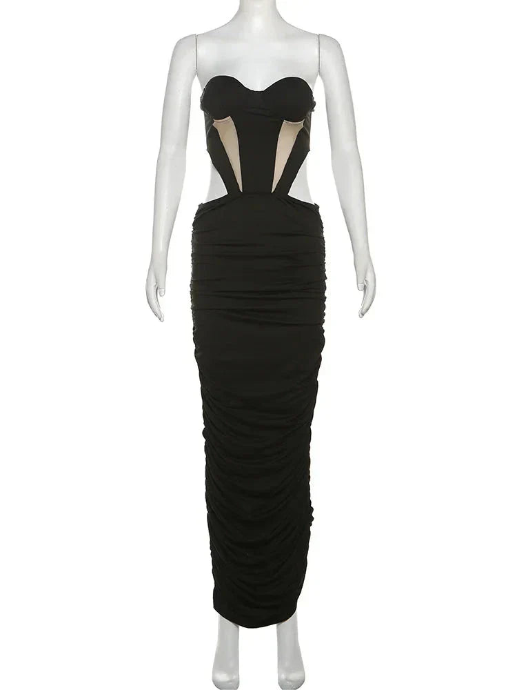Patchwork Strapless Black Maxi Dress