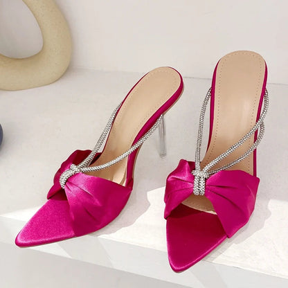 Green Silk Crystal Mule High Heels Slippers Sandals