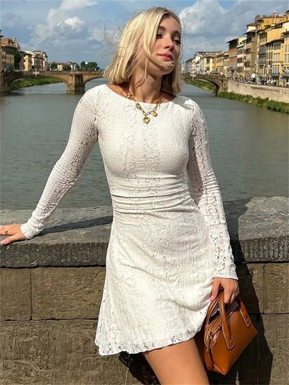 Floral Lace Boat Neck Ruched Waist Long Sleeve Mini Dress