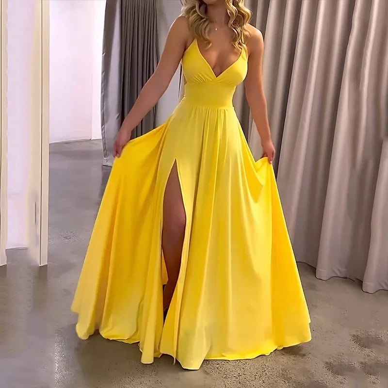 Chiffon Deep V-Neck Spaghetti Strap High Split A-Line Maxi Dress