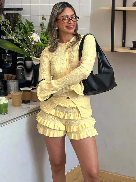Ruffled Knit Sweater Shorts Two Piece Set