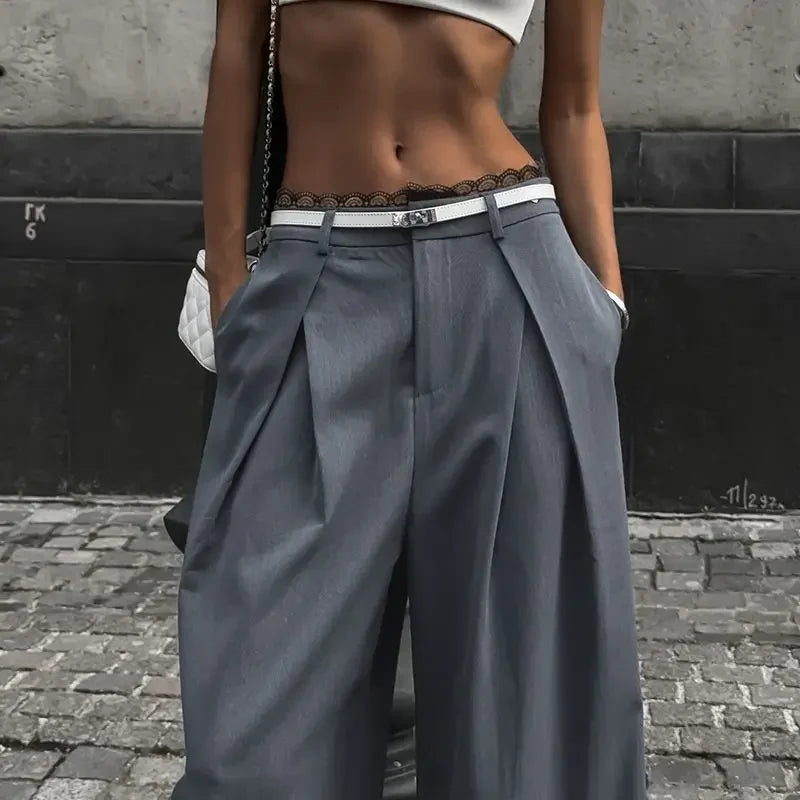 TAVIMART  - Y2K Lace Patchwork Waist Pants Women Baggy Casual Korean Oversize Office Trousers