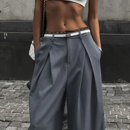TAVIMART  - Y2K Lace Patchwork Waist Pants Women Baggy Casual Korean Oversize Office Trousers