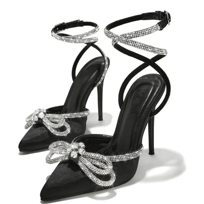 Crystal Buckle Strap Women Pumps with Butterfly-knot Detail and Thin High Heels