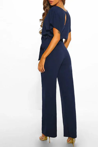 | Wide-Leg Belted Short Sleeve Jumpsuit