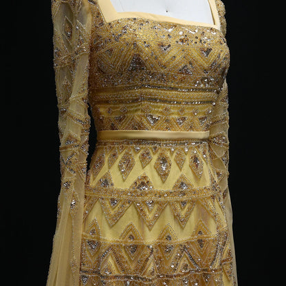 Crystal Beading Evening Dress with Cape Sleeve Customized