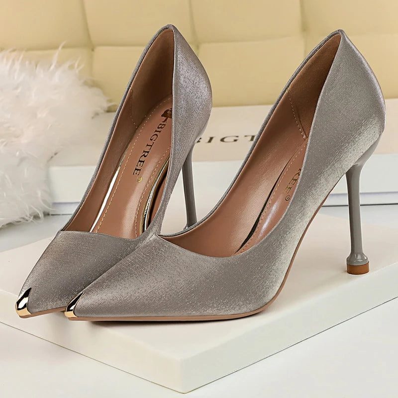 Luxurious Satin High Heel Pumps with Metal Tip Stiletto for Spring Banquets
