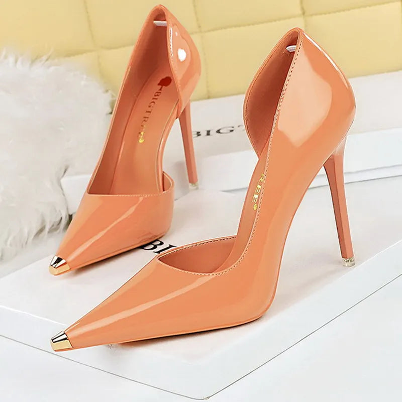 Black Patent Leather High Heel Metal Pointed Pumps for Women - Sexy Party Stilettos